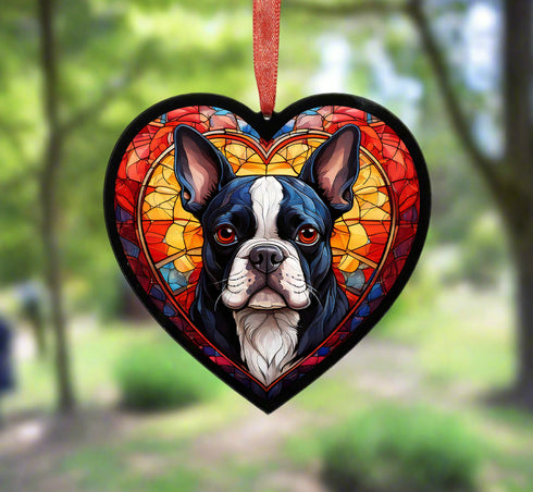 Boston Terrier Stained Glass Effect Heart Suncatcher